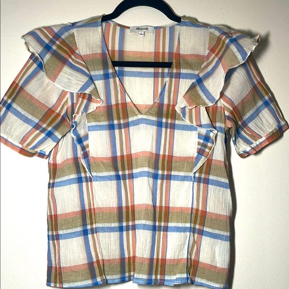 Madewell Plaid Short Sleeve Top Blouse Cotton